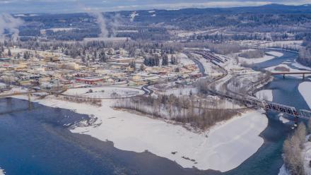 Winter aerial view of downtown Quesnel
