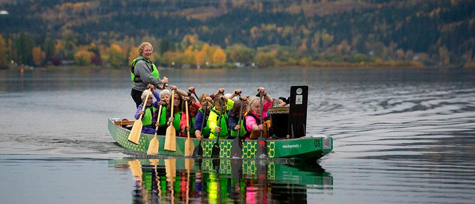 Dragon boat paddlers on Dragon Lake