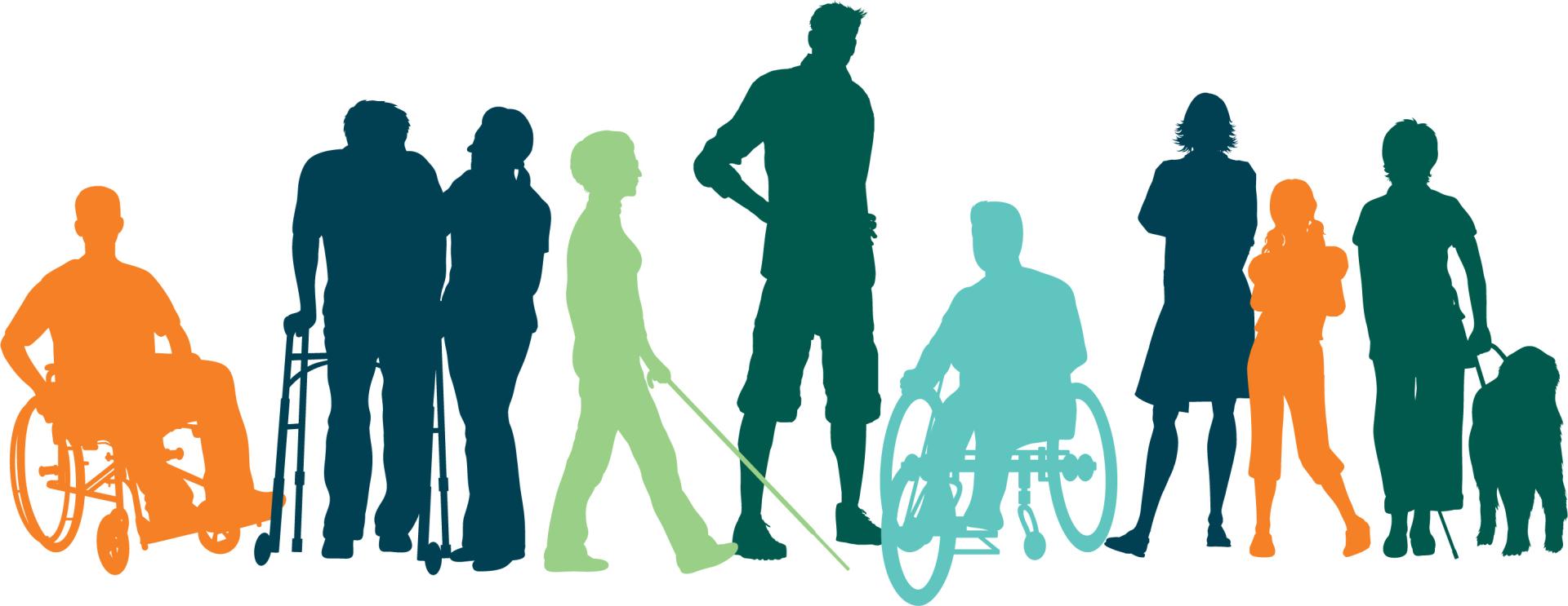 Silhouettes of people with visible and non-visible disabilities