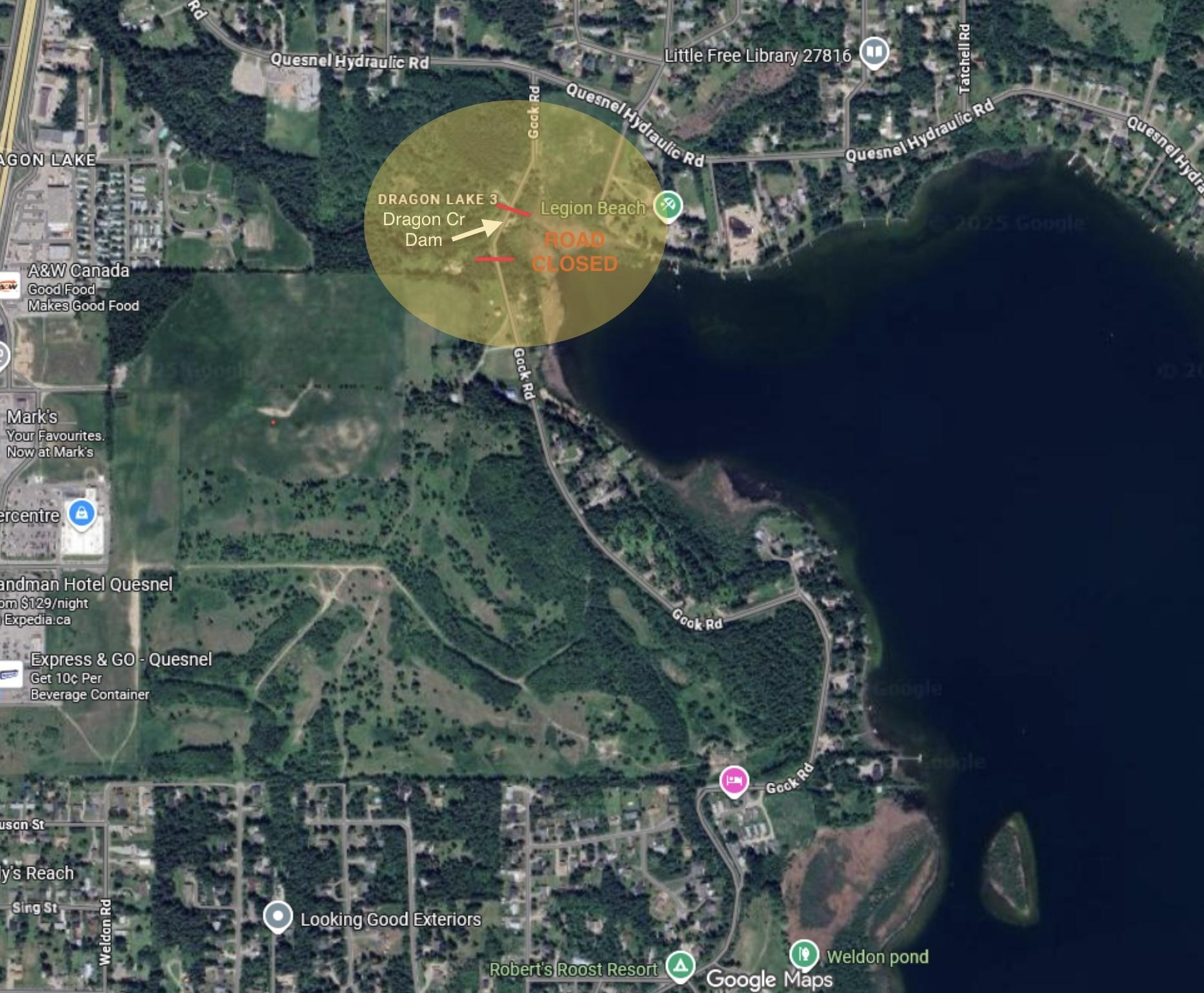 Map showing closure on Gook Road at Dragon Creek Dam